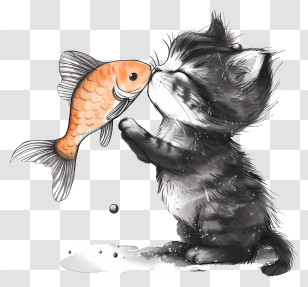 Cat Kissing Fish - Kitten Kissing Fish Illustration Transparent PNG