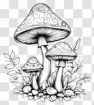 Mushroom Coloring Page - Intricate Decorative Black-and-White Mushrooms Design Transparent PNG