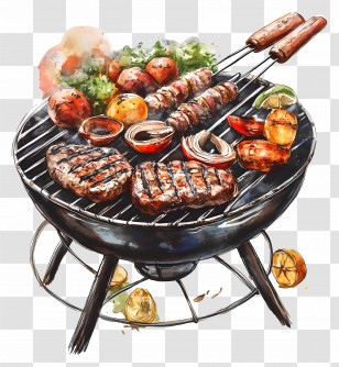 Barbecues - Delicious Barbecue Grill With Meat And Vegetables Transparent PNG