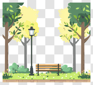 Summer Park - Illustration Of Park Bench And Green Trees Transparent PNG