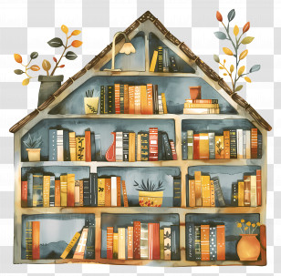 Library - Bookshelf In House Shape Design Transparent PNG
