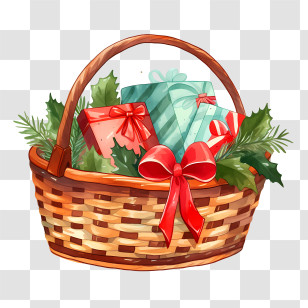 Christmas Basket - Festive Basket With Holiday Gifts And Greenery Transparent PNG
