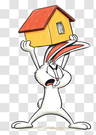 Rabbit Lifting House - White Cartoon Rabbit Holding A House Transparent PNG