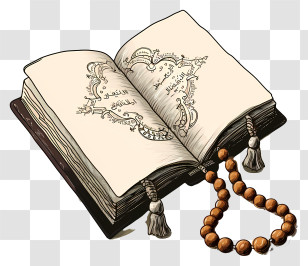 Hand Drawn Holy Book Of Koran And Pray Beads - Illustrated Open Religious Book With Beads Transparent PNG