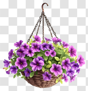 Detailed Illustrations - Purple Hanging Basket With Flowers Transparent PNG