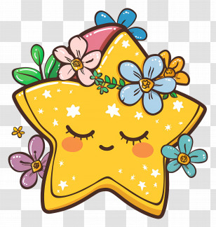Kawaii Star - Yellow Star With Floral Hat Transparent PNG
