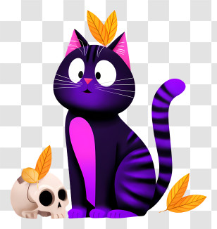 Halloween Cat - Playful Purple Cat With Skull Transparent PNG