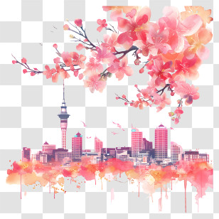 Auckland Skyline - Cherry Blossoms And City Landscape Illustration Transparent PNG