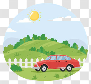 Cartoon - Red Sedan Car Illustration In Scenic Landscape Transparent PNG