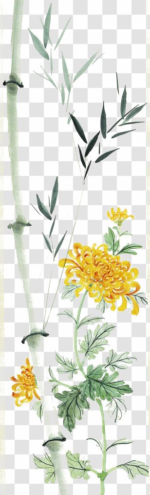Chrysanthemum Bamboo Chinese Painting Leaf - Plant Stem - Leaves And Chrysanthemums Transparent PNG