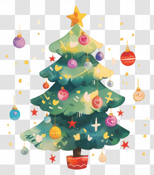 Watercolor Christmas Tree - Decorated Festive Christmas Tree Transparent PNG