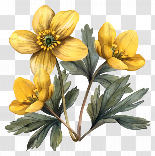 Winter Aconite - Illustration Of Yellow Flowers With Green Leaves Transparent PNG