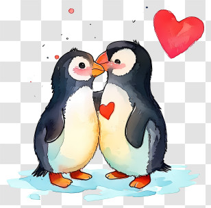 Watercolor Valentine Penguin - Two Penguins In Love With Heart Motif Transparent PNG