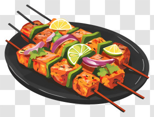 Paneer Tikka - Grilled Skewers With Vegetables And Lemon Garnish Transparent PNG