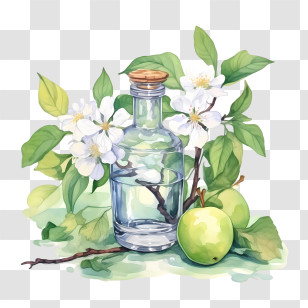 Apple Blossom - Glass Bottle With Flowers And Green Apples Transparent PNG