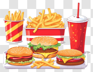 Fast Food - Fast Food Combo With Burgers, Fries, And Soda Transparent PNG