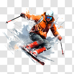 Ski Day - Person Skiing Down A Slope In An Orange Jacket Transparent PNG