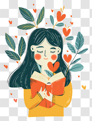 Cartoon Girl With Book - Girl Reading With Hearts Transparent PNG