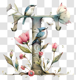 Alphabet Letters - Floral Letter T With Birds Transparent PNG