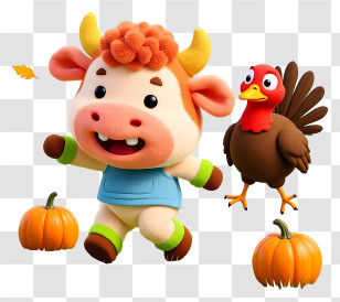 Cow Mascot Celebrating Thanksgiving - Cute Calf With Turkey And Pumpkins Transparent PNG