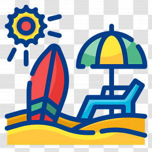 Summer Vacation - Colorful Beach Scene With Surfboard And Umbrella Transparent PNG