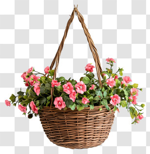 Hanging Basket Flowers - Wicker Hanging Basket With Flowers Transparent PNG