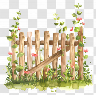 Garden Fence - Rustic Wooden Fence With Blooming Vines Transparent PNG