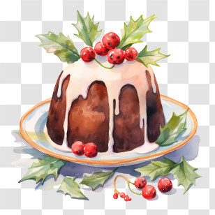 Chocolate Lava Cake - Festive Christmas Pudding With Holly And Berries Transparent PNG