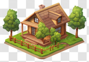 Wooden House - Cartoon Wooden House With Trees And Green Yard Transparent PNG