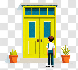 School Access - Yellow Door With Potted Plants Transparent PNG