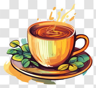 Coffee Cup - Yellow Coffee Cup With Steam On Plate Transparent PNG