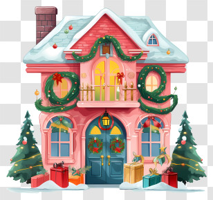 House With Pink Facade - Beautiful Christmas Decorated House Transparent PNG