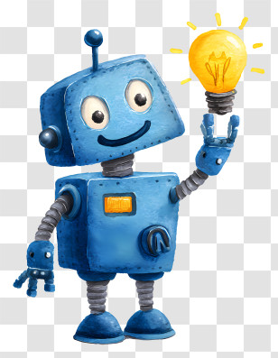 Robot Holding Glowing Lightbulb - Blue Robot With Light Bulb In Cartoon Style Transparent PNG