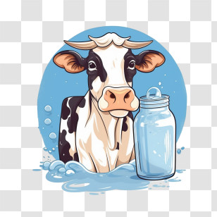 Milk - Cow With Milk Bottle Illustration On Blue Background Transparent PNG