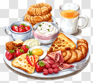 Continental Breakfast - Delicious Breakfast With Croissant And Strawberries Transparent PNG