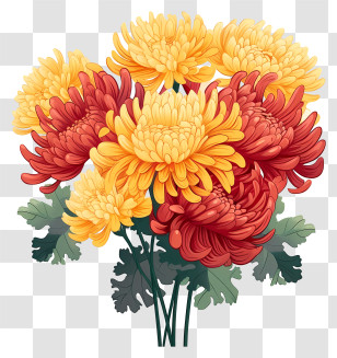 Chrysanthemum Bouquet - Yellow And Red Chrysanthemums In Art Transparent PNG