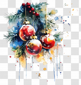 Christmas Watercolor - Christmas Ornaments With Pine And Berries Transparent PNG