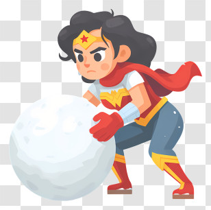 Wonder Woman Pushing Snowball - Superhero With Snowball Transparent PNG