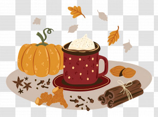 Pumpkin Spice - Pumpkin Spice Latte With Autumn Decorations Transparent PNG