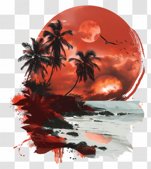 Get Away - Tropical Beach With Red Sky And Palm Trees Transparent PNG