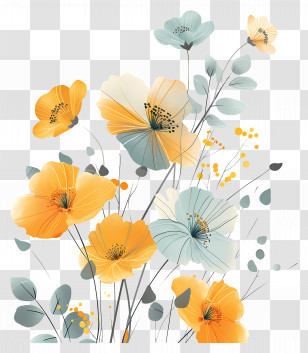 Gold Flowers - Beautiful Yellow And Blue Flowers Transparent PNG
