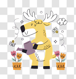 Cute Cartoon Character - Yellow Deer Watering Flowers Transparent PNG