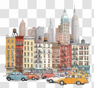 Cars In City - Charming Urban Cityscape With Classic Buildings Transparent PNG