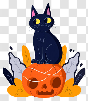 Halloween Cat In Pumpkin - Black Cat On Pumpkin With Leaves Transparent PNG