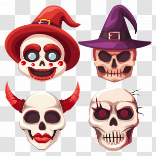 Halloween Characters - Cartoon Skulls With Halloween Hats Transparent PNG