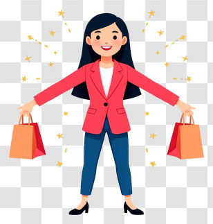 Cartoon Woman Holding Shopping Bags - Happy Shopper Woman With Bags Transparent PNG