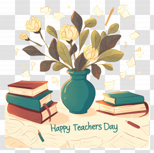 Happy Teachers Day - Teachers Day Concept With Books And Flowers Transparent PNG