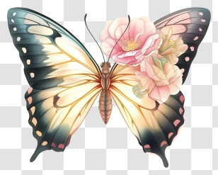 Elegant Butterfly Vector Draw Design - Elegant Butterfly And Flowers Illustration Transparent PNG