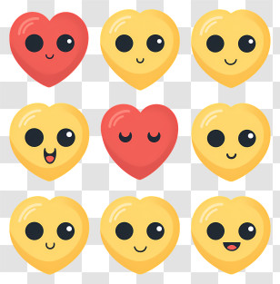 Hand Drawn Emoji With Heart Eyes - Set Of Yellow And Red Heart Emojis With Smiling Faces Transparent PNG