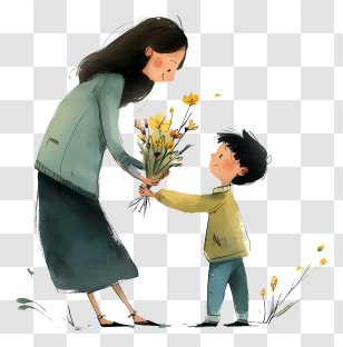 Giving Flowers To Mother - Child Giving Flowers Transparent PNG